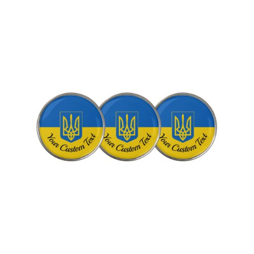 Ukrainian flag with coat of arms and custom text golf ball marker