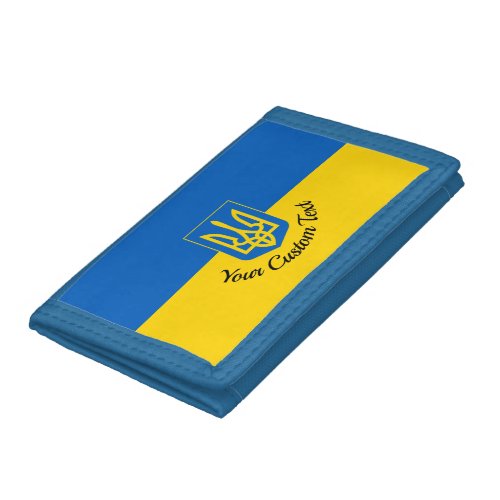 Ukrainian flag with coat of arms and custom text trifold wallet