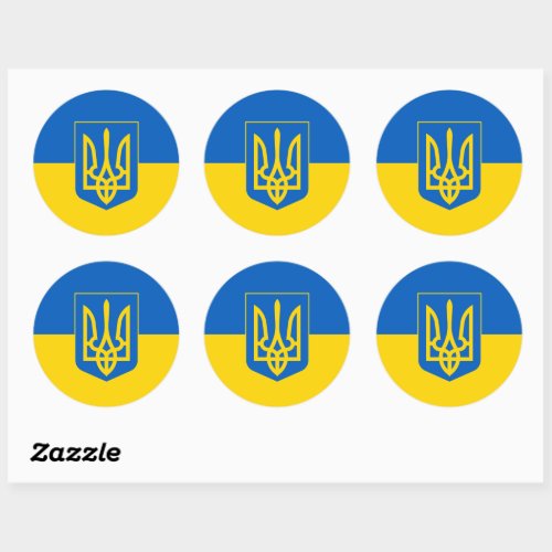 Ukrainian flag with coat of arms classic round sticker