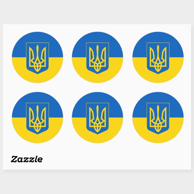 Ukrainian flag with coat of arms classic round sticker (Sheet)