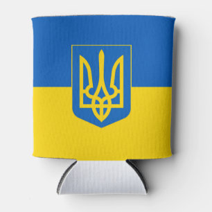 Ukrainian flag with Coat of Arms Trident. Can Cooler