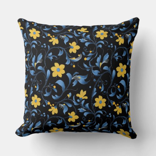 Ukrainian floral folk art motifs. Blue and yellow. Throw Pillow
