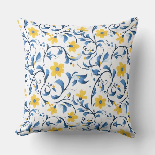 Ukrainian floral folk art motifs. Blue and yellow. Throw Pillow