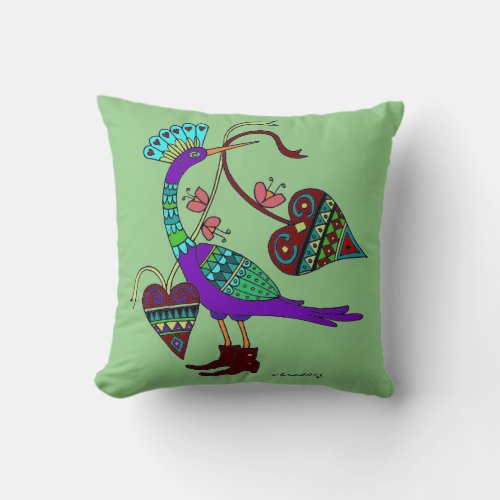 Ukrainian Folk Art Fancy Bird with hearts Throw Pillow
