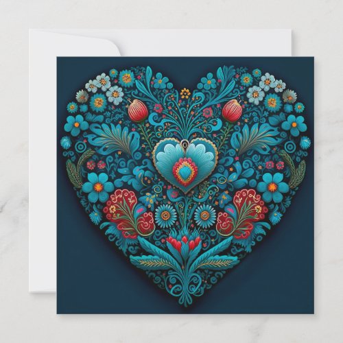 Ukrainian Folk Art_ Inspired Heart in Blue Holiday Card