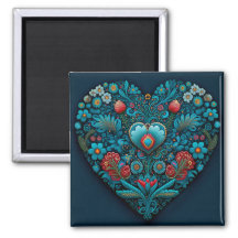 Ukrainian Folk Art - Inspired Heart in Blue Magnet