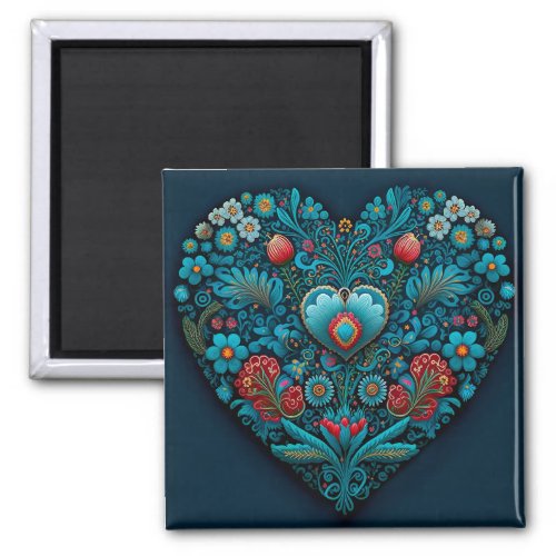 Ukrainian Folk Art _ Inspired Heart in Blue Magnet