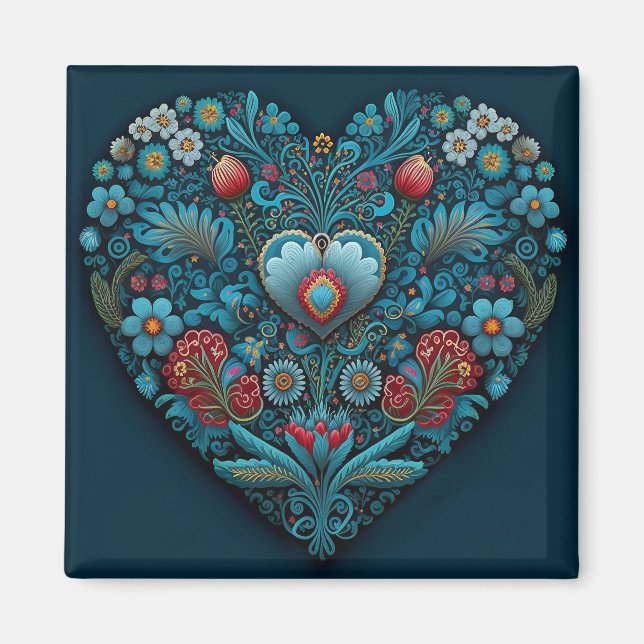 Ukrainian Folk Art - Inspired Heart in Blue Magnet (Front)