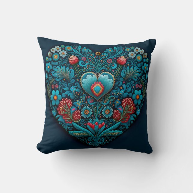 Ukrainian Folk Art - Inspired Heart in Blue Throw Pillow (Front)