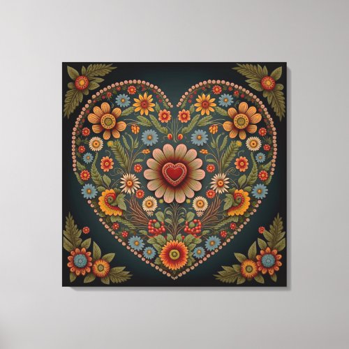 Ukrainian Folk Art _ Inspired Heart in Multi Color Canvas Print