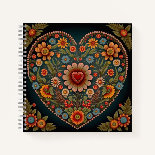 Ukrainian Folk Art - Inspired Heart in Multi Color Notebook (Front)
