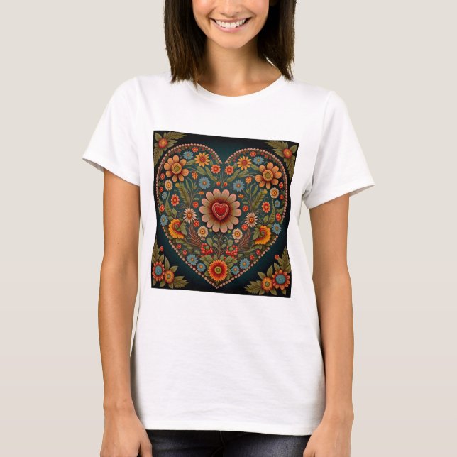 Ukrainian Folk Art - Inspired Heart, Multi Colors T-Shirt (Front)