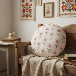 Ukrainian Folk Cross Stitch Embroidery Floral  Round Pillow