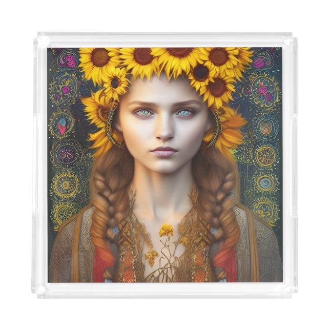 Ukrainian Girl of Amulets & Sunflowers   Acrylic Tray (Front)