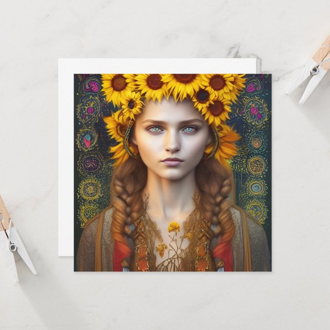 Ukrainian Girl of Amulets & Sunflowers Card (Front/Back In Situ)