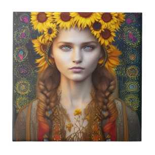 Ukrainian Girl of Amulets & Sunflowers Ceramic Tile