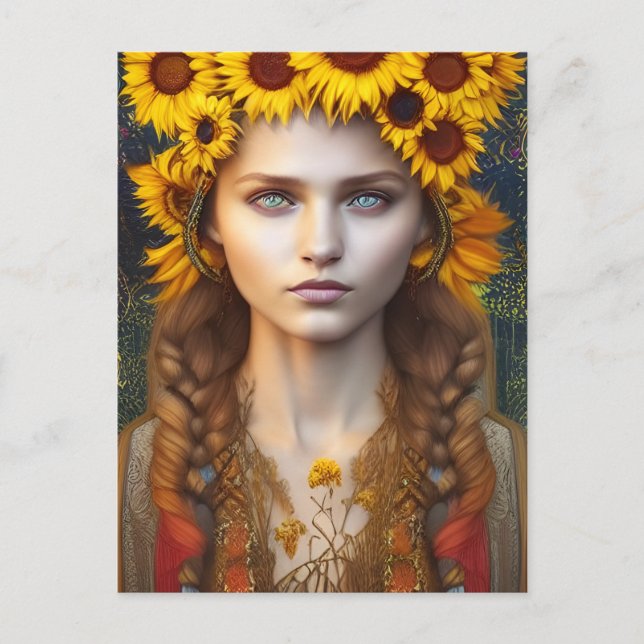Ukrainian Girl of Amulets & Sunflowers Digital Art Postcard (Front)