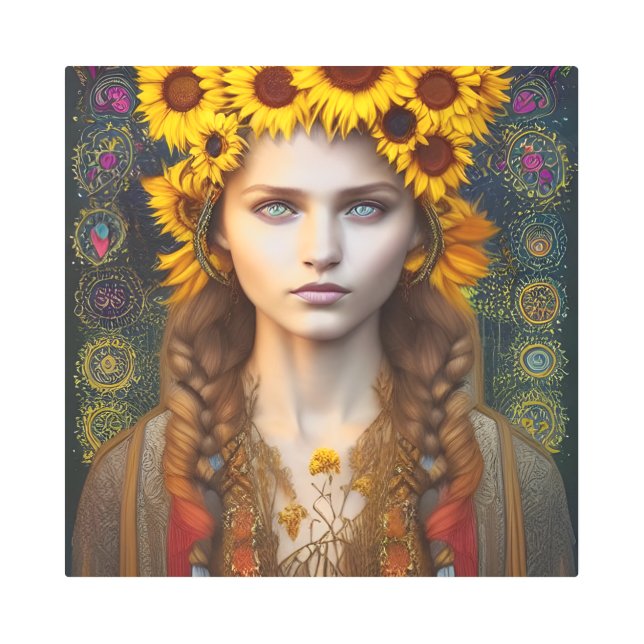 Ukrainian Girl of Amulets & Sunflowers  Metal Print (Front)
