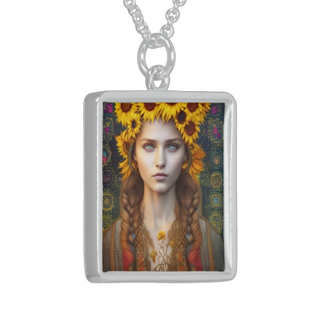 Ukrainian Girl of Amulets & Sunflowers  Sterling Silver Necklace (Front Left)