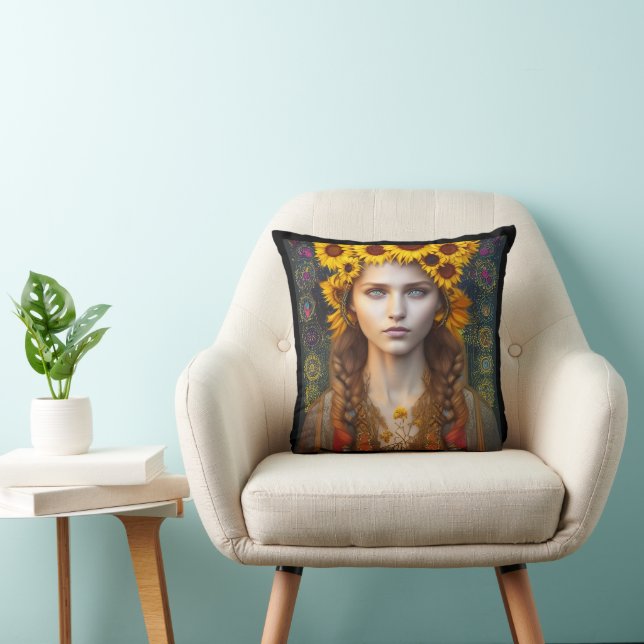 Ukrainian Girl of Amulets & Sunflowers  Throw Pillow (Chair)