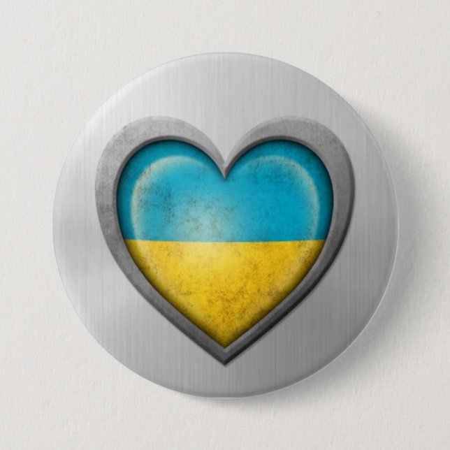 Ukrainian Heart Flag Stainless Steel Effect Pinback Button (Front)