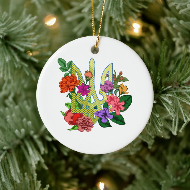 Ukrainian heraldry trident tryzub blooming flowers ceramic ornament (Tree)