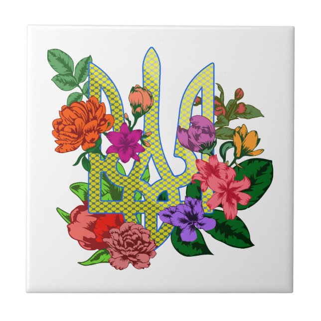 Ukrainian heraldry trident tryzub blooming flowers ceramic tile (Front)