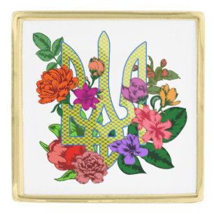 Ukrainian heraldry trident tryzub blooming flowers gold finish lapel pin