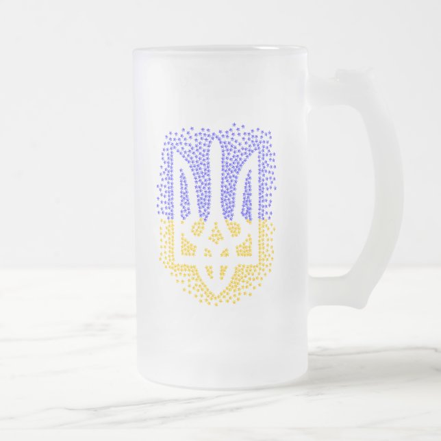 Ukrainian heraldry trident tryzub scattering stars frosted glass beer mug (Right)