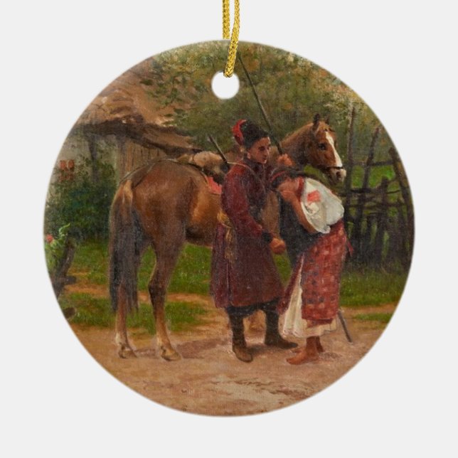 Ukrainian Kozak with Weeping Girl Ceramic Ornament (Front)