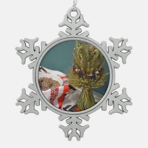 Ukrainian Kutya and Didukh Snowflake Pewter Christmas Ornament