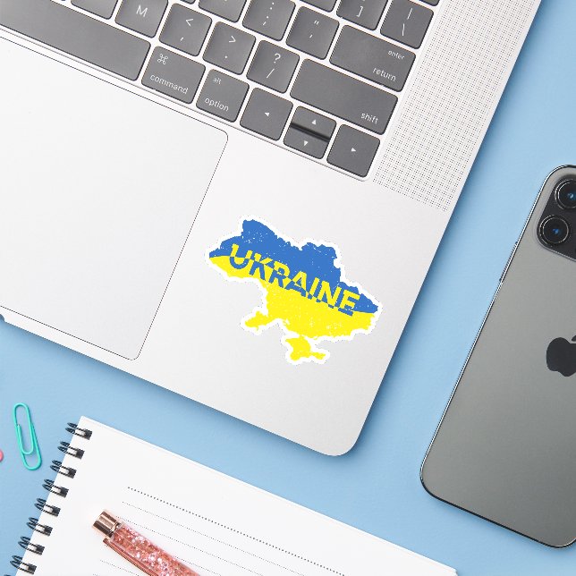 Ukrainian map in blue and yellow colors. Ukraine Sticker (Laptop w/ iPhone)