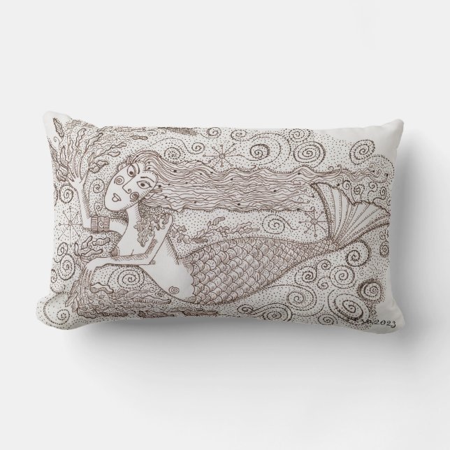 Ukrainian Mermaid Folk Art Lumbar Pillow (Front)