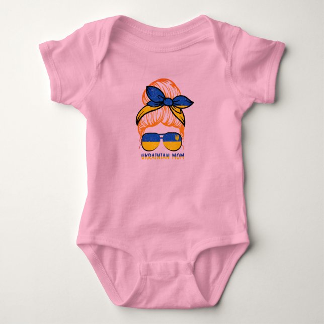 Ukrainian Mom Ukraine Flag Messy Bun Mom Life Baby Bodysuit (Front)