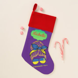 Ukrainian Mom Ukraine Flag Messy Bun Mom Life Christmas Stocking