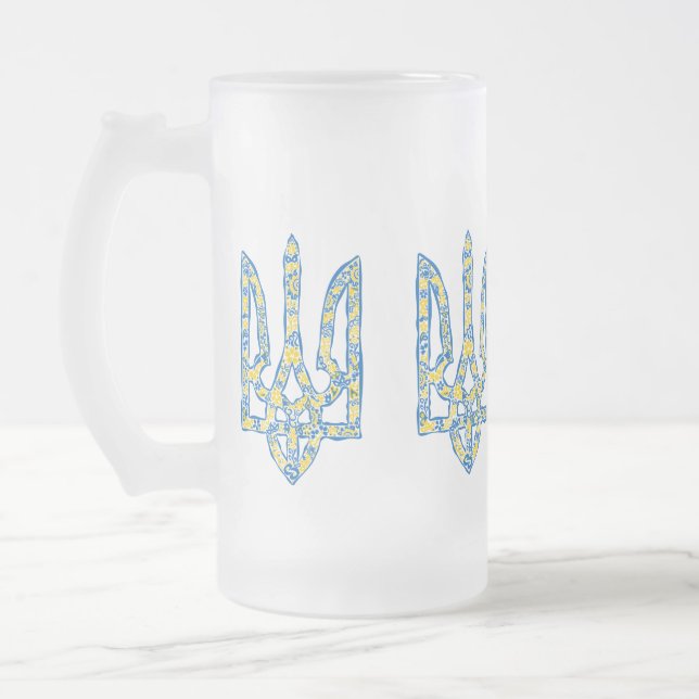 Ukrainian national emblem trident tryzub ethnical frosted glass beer mug (Left)