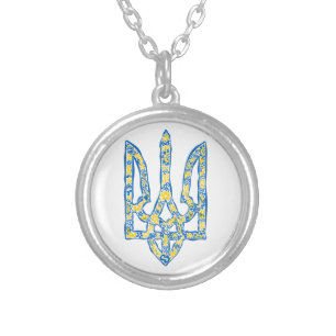 Ukrainian national emblem trident tryzub ethnical silver plated necklace