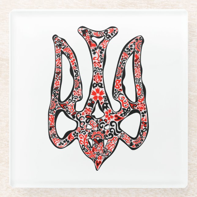 Ukrainian national emblem trident tryzub stylized glass coaster (Front)