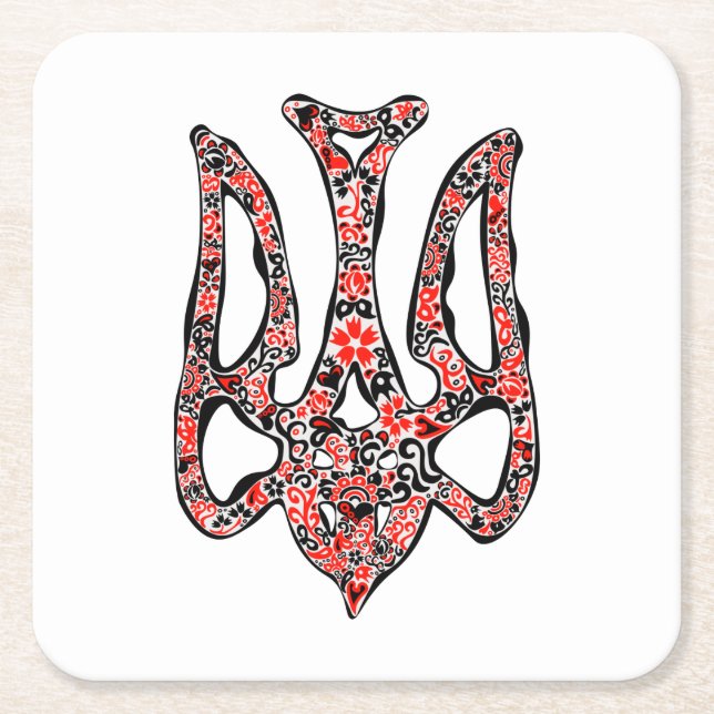 Ukrainian national emblem trident tryzub stylized square paper coaster (Front)