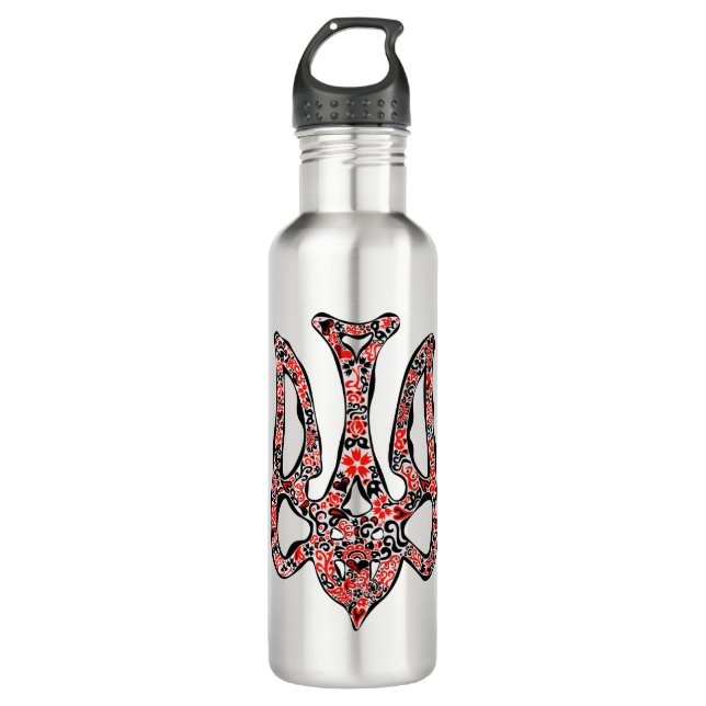 Ukrainian national emblem trident tryzub stylized stainless steel water bottle (Front)