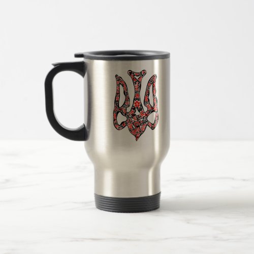 Ukrainian national emblem trident tryzub stylized travel mug