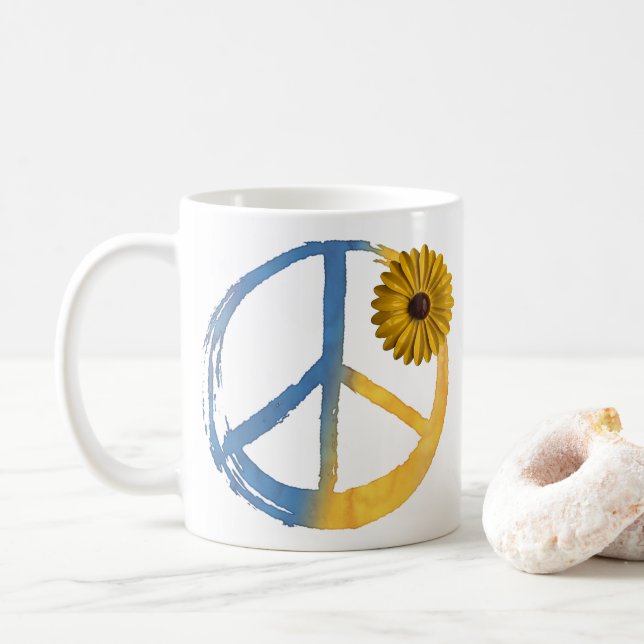 Ukrainian PEACE Symbol Sign Sunflower Ukraine War  Coffee Mug (With Donut)