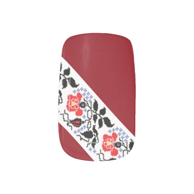 Ukrainian Red Floral Embroidery Minx Nail Art (Right Thumb)