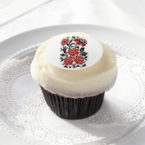 Ukrainian Red Flowers Embroidery Edible Frosting Edible Frosting Rounds
