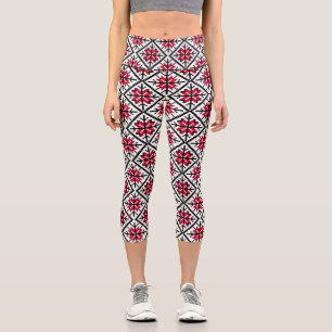 Ukrainian Red White Black Folk Art Pattern Capri Leggings