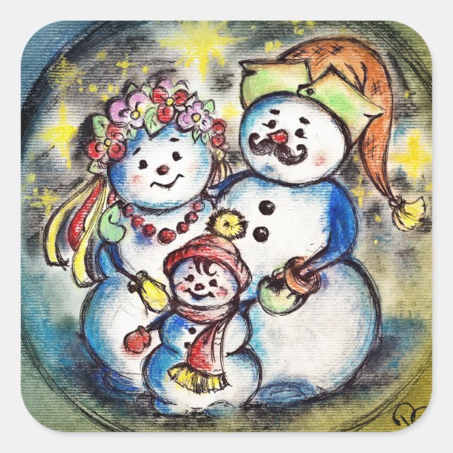 Ukrainian Snowmen Family Square Sticker (Front)