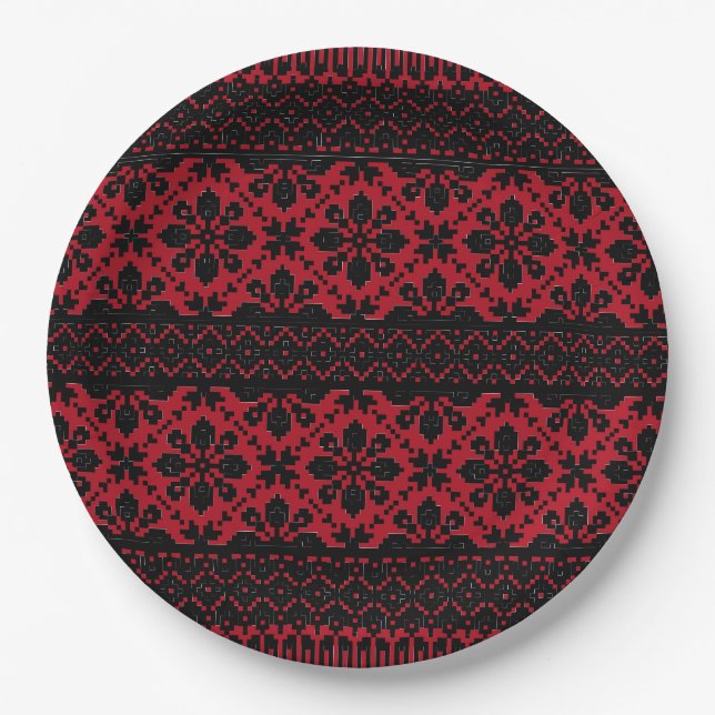 Ukrainian traditional vushuvanka folk art pattern paper plates (Front)