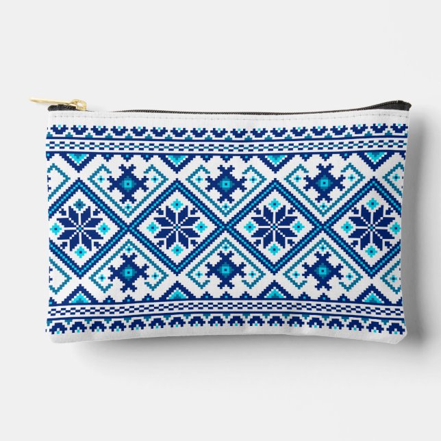 Ukrainian traditional vushuvanka folk pattern blue accessory pouch (Front)