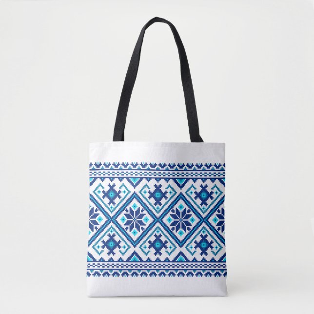 Ukrainian traditional vushuvanka folk pattern blue tote bag (Front)