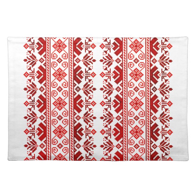 Ukrainian traditional vushuvanka folk pattern red cloth placemat (Front)